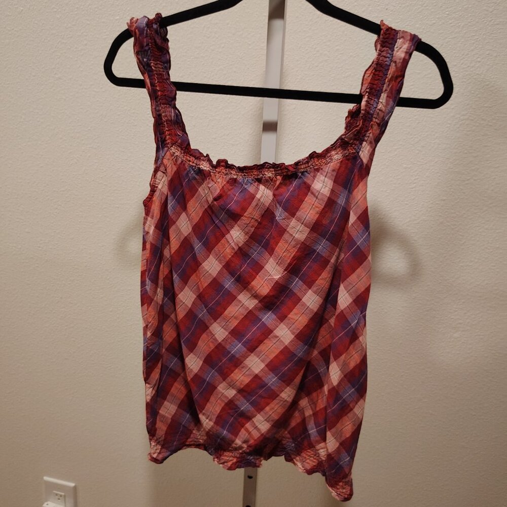Y2K Vintage OP Junior's Plaid Tank Top Large Purple Pink Ruffle Straps Cotton - Picture 5 of 10